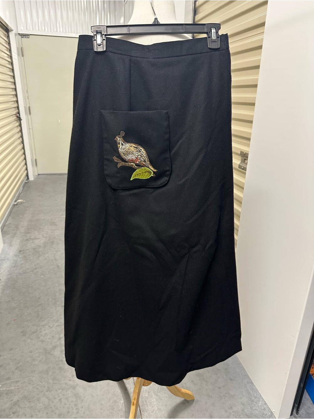 Bettmaar Black Wool Maxi Skirt with Embroidered Bird Pocket